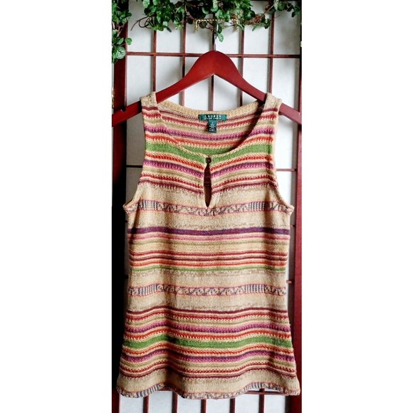 Lauren Ralph Lauren Sleeveless Aztec Inspired Knit Linen-Blend Top - Earthtones - Picture 12 of 15